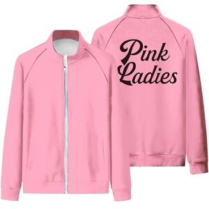 Grease Pink Ladies Satin Rydell School Zipper Collar jacket Costume